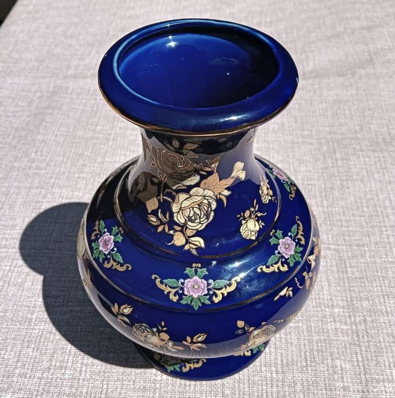 Cobalt Blue Curvaceous Porcelain Footed Vase from Japan with Gold and Lilac Rose Design