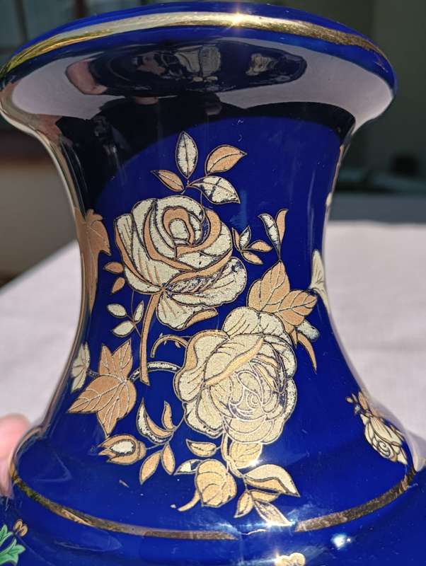 Cobalt Blue Curvaceous Porcelain Footed Vase from Japan with Gold and Lilac Rose Design
