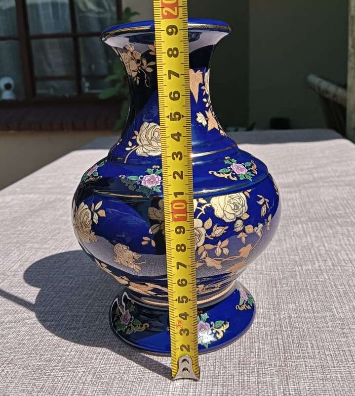Cobalt Blue Curvaceous Porcelain Footed Vase from Japan with Gold and Lilac Rose Design