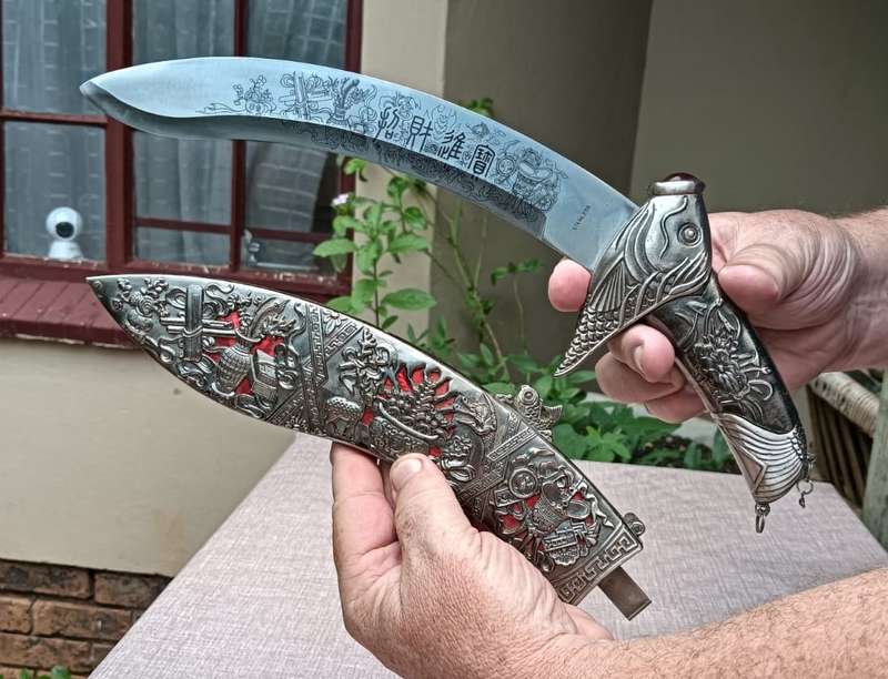 Exotic Fish Themed Tibetan Dagger Decorative and Bejewelled with Non Magnetic Silver Metal Sheath