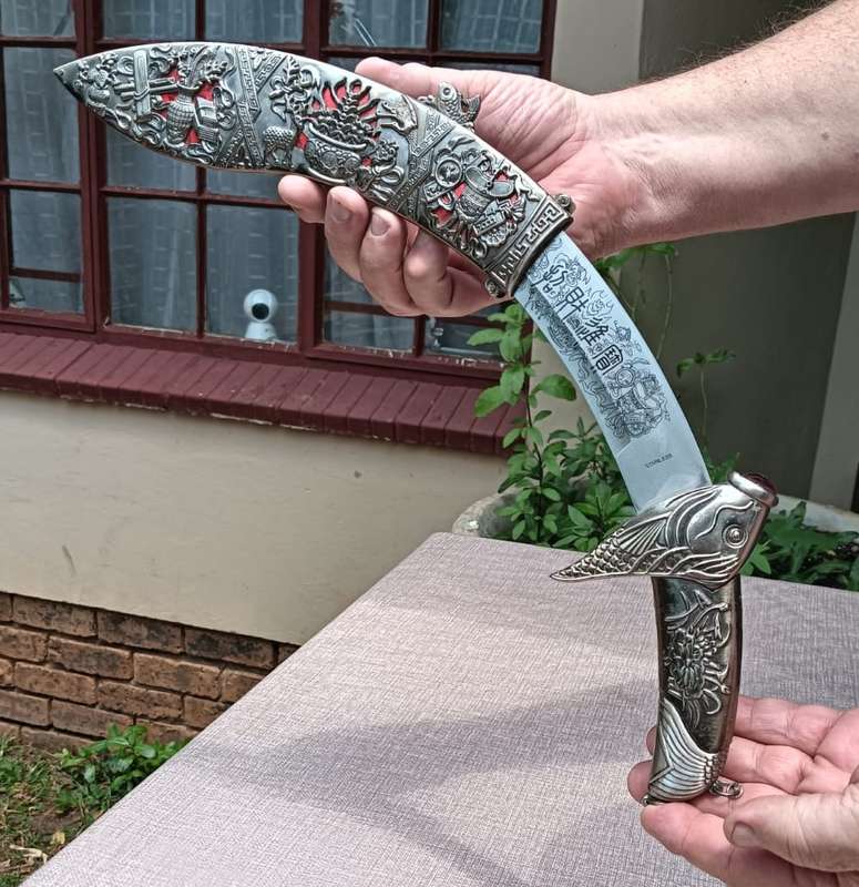 Exotic Fish Themed Tibetan Dagger Decorative and Bejewelled with Non Magnetic Silver Metal Sheath