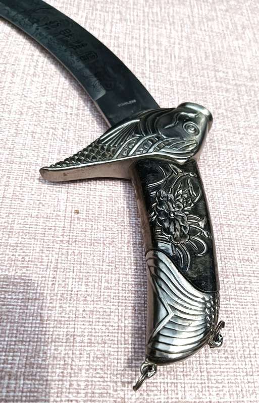 Exotic Fish Themed Tibetan Dagger Decorative and Bejewelled with Non Magnetic Silver Metal Sheath