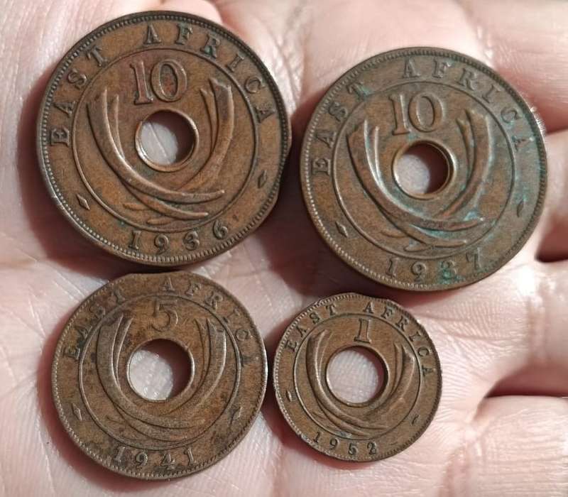 British East Africa 1c (1952) 5c (1941) 10c (1936, 1937) Bronze Coins with Distinctive Central Holes