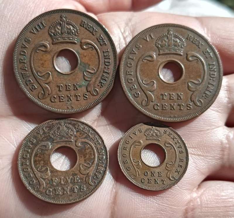British East Africa 1c (1952) 5c (1941) 10c (1936, 1937) Bronze Coins with Distinctive Central Holes