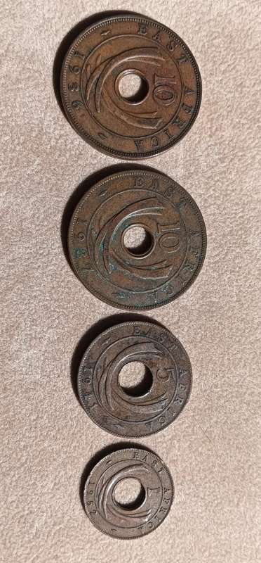 British East Africa 1c (1952) 5c (1941) 10c (1936, 1937) Bronze Coins with Distinctive Central Holes