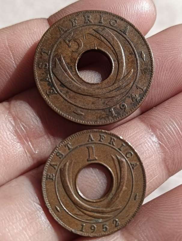 British East Africa 1c (1952) 5c (1941) 10c (1936, 1937) Bronze Coins with Distinctive Central Holes