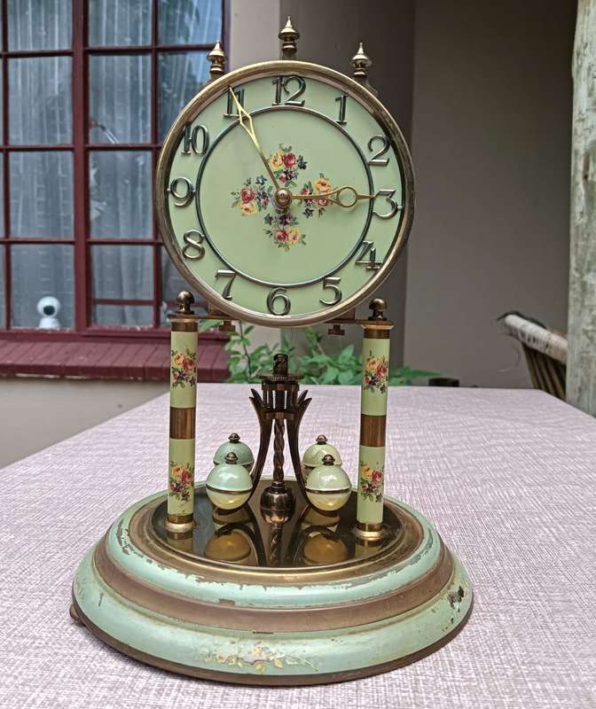 Franz Hermle and Sons (FHS) Germany 1940s Mechanical Brass Enamel Torsion Pendulum Anniversary Clock