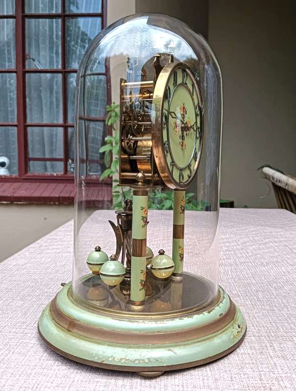 Franz Hermle and Sons (FHS) Germany 1940s Mechanical Brass Enamel Torsion Pendulum Anniversary Clock