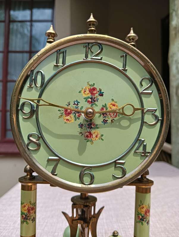 Franz Hermle and Sons (FHS) Germany 1940s Mechanical Brass Enamel Torsion Pendulum Anniversary Clock