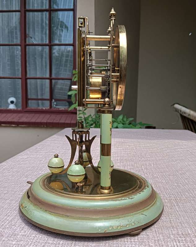 Franz Hermle and Sons (FHS) Germany 1940s Mechanical Brass Enamel Torsion Pendulum Anniversary Clock