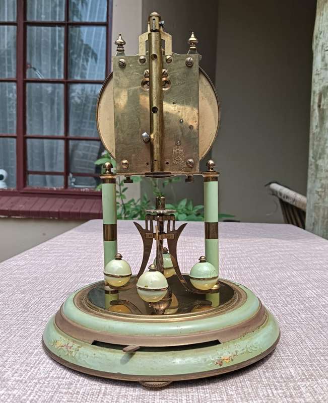 Franz Hermle and Sons (FHS) Germany 1940s Mechanical Brass Enamel Torsion Pendulum Anniversary Clock