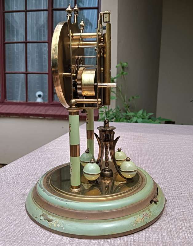 Franz Hermle and Sons (FHS) Germany 1940s Mechanical Brass Enamel Torsion Pendulum Anniversary Clock