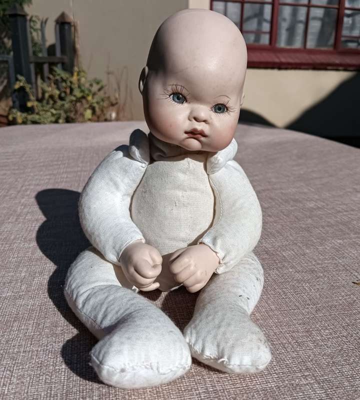 Cute Bisque Baby Doll marked Genine with Rag / Cloth Stuffed Frog Body