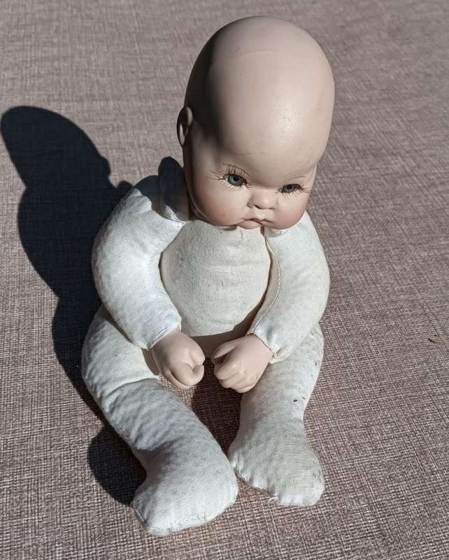 Cute Bisque Baby Doll marked Genine with Rag / Cloth Stuffed Frog Body