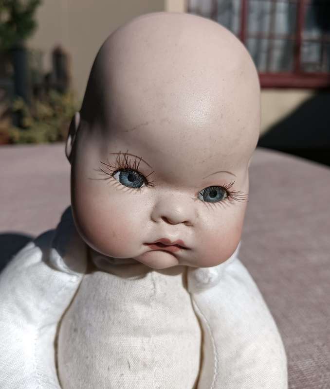 Cute Bisque Baby Doll marked Genine with Rag / Cloth Stuffed Frog Body