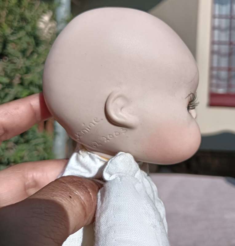Cute Bisque Baby Doll marked Genine with Rag / Cloth Stuffed Frog Body