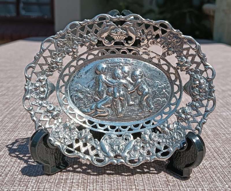 Antique German Half Moon and Crown 800 Silver Sweet Dish with Young Boys Central Relief Panel 32g