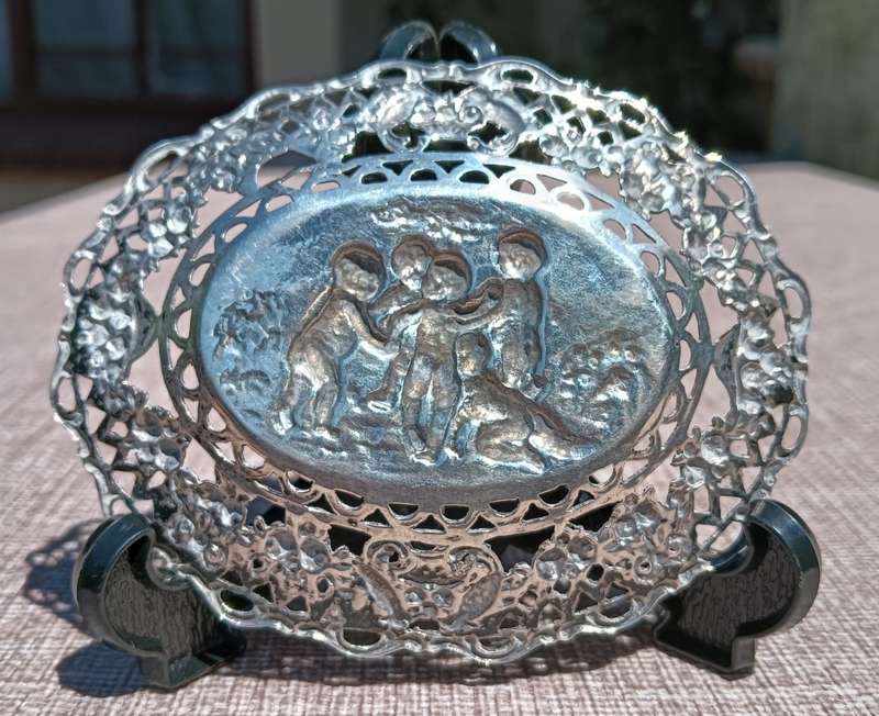Antique German Half Moon and Crown 800 Silver Sweet Dish with Young Boys Central Relief Panel 32g