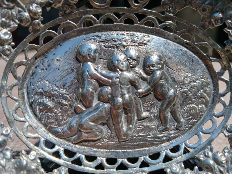 Antique German Half Moon and Crown 800 Silver Sweet Dish with Young Boys Central Relief Panel 32g