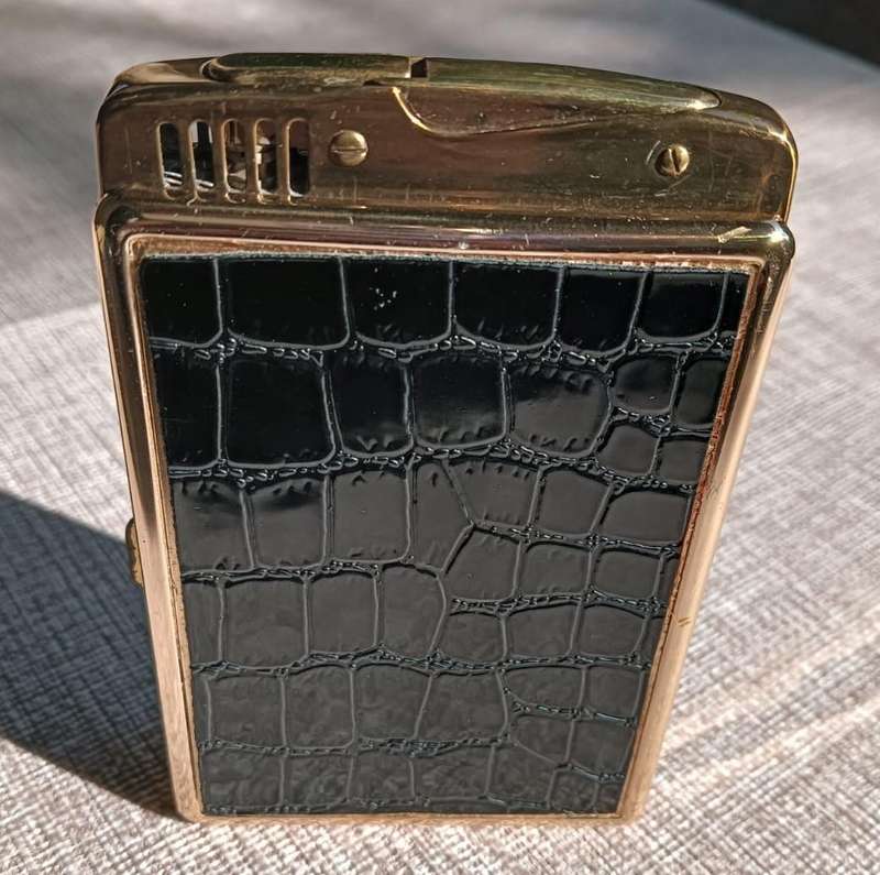 Vintage Gold Tone Faux Aligator Skin Cigarette Case and Wick Lighter Combo