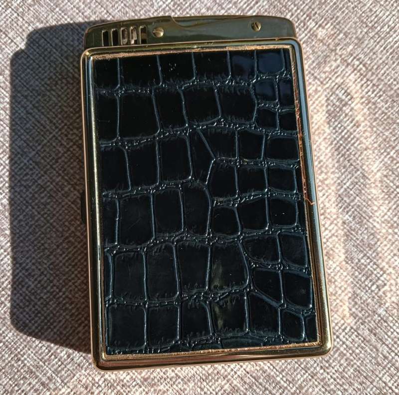 Vintage Gold Tone Faux Aligator Skin Cigarette Case and Wick Lighter Combo