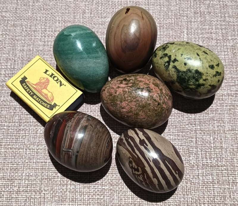 Clutch of 6 Rock Eggs: Leopard Spot Egg, Holy Indian Narmada Stone, Pink and Green Unikite, and more
