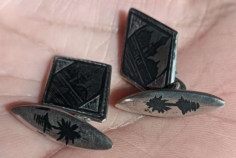 Iraqi Black Nielo Cufflinks with Mosque and Palm Trees - Vintage Mid 20th Century