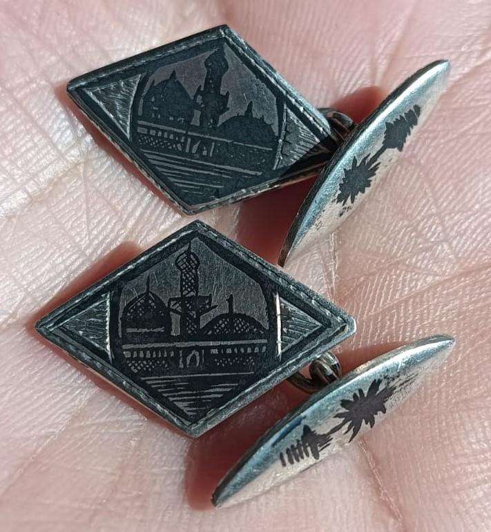 Iraqi Black Nielo Cufflinks with Mosque and Palm Trees - Vintage Mid 20th Century