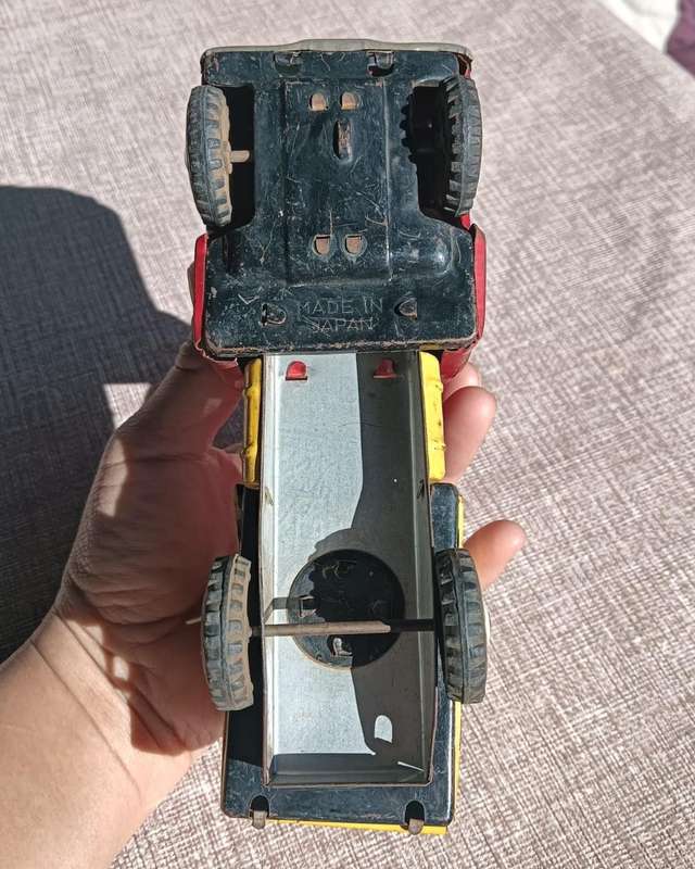Vintage 1950s Japanese Red and Yellow Tin Windup Powered Shovel Construction Truck  Missing Shovel