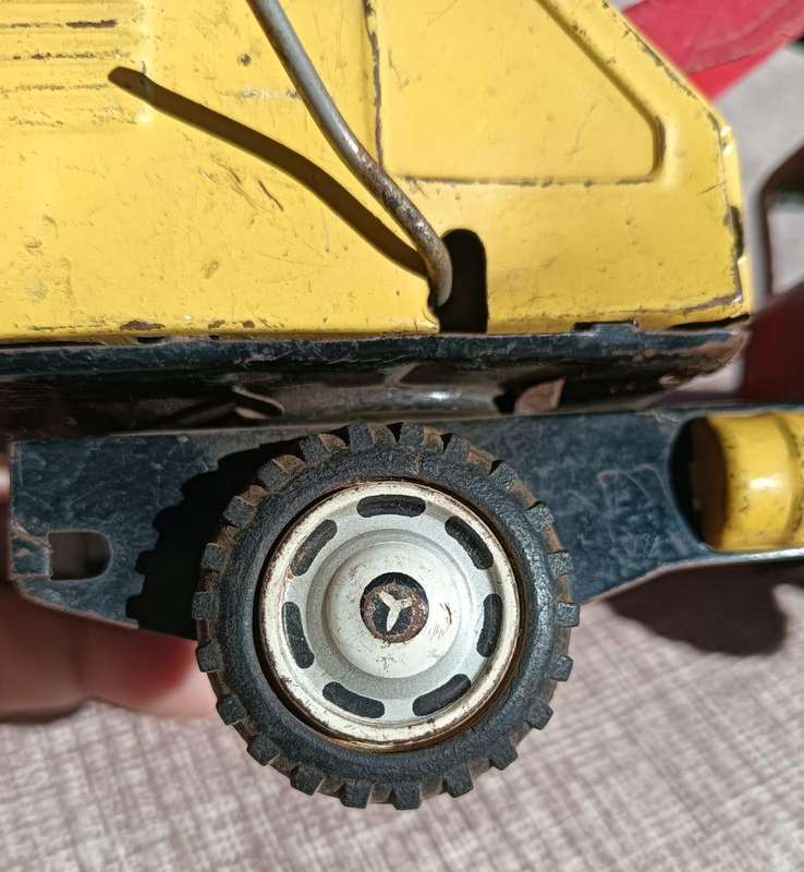 Vintage 1950s Japanese Red and Yellow Tin Windup Powered Shovel Construction Truck  Missing Shovel