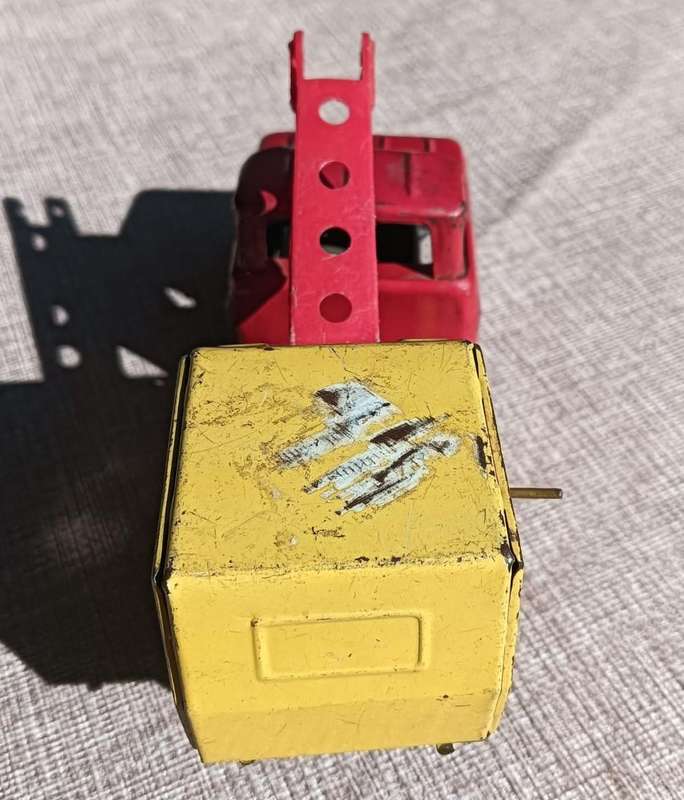 Vintage 1950s Japanese Red and Yellow Tin Windup Powered Shovel Construction Truck  Missing Shovel