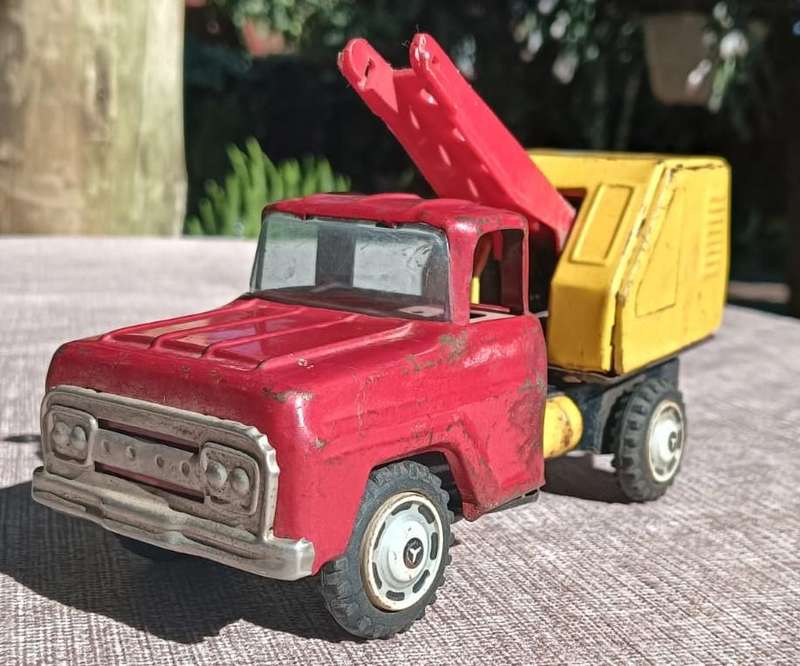 Vintage 1950s Japanese Red and Yellow Tin Windup Powered Shovel Construction Truck  Missing Shovel