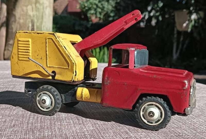 Vintage 1950s Japanese Red and Yellow Tin Windup Powered Shovel Construction Truck  Missing Shovel