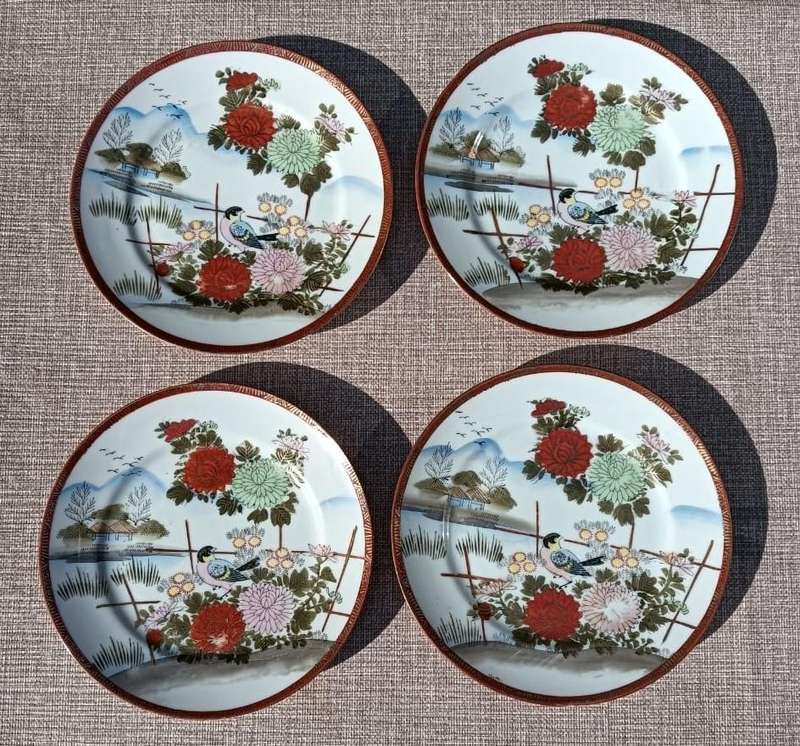 Japanese Honjitsu Dai 14 Piece Teaset with Hand Painted Peony Flowers and  Tit Birds In Good Conditi