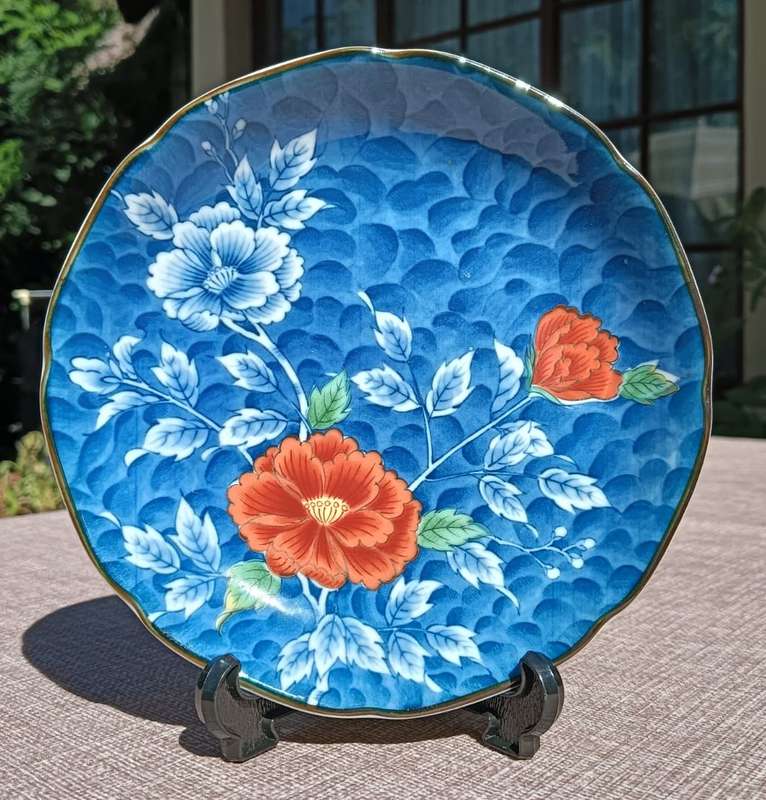 Japanese Mino Ware Kiyama Kiln Chrysanthenums Peony Plate