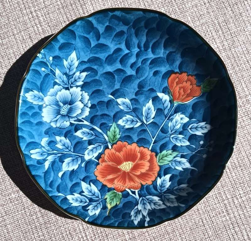 Japanese Mino Ware Kiyama Kiln Chrysanthenums Peony Plate