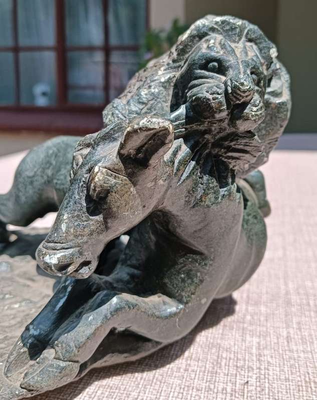 Lion Attacking a Horse Hand Carved African Stone Sculpture