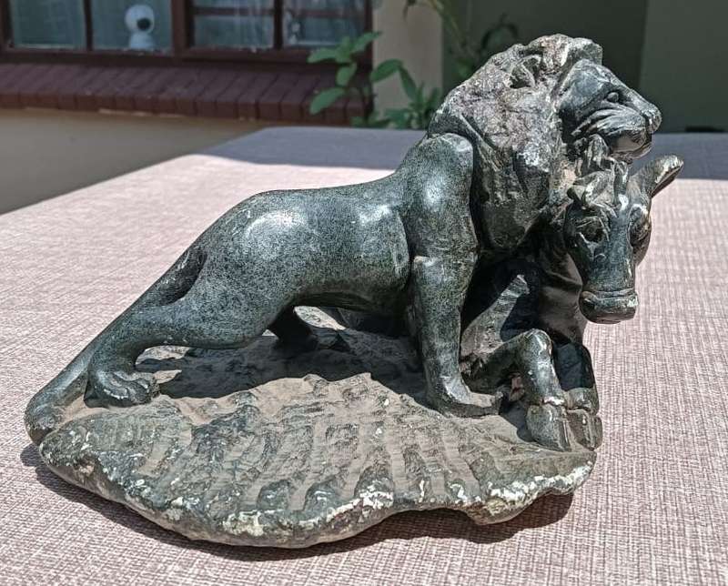 Lion Attacking a Horse Hand Carved African Stone Sculpture