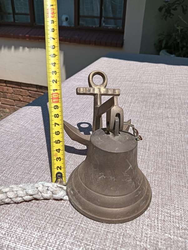 Vintage Solid Brass Nautical Themed Bell with Ships Anchor Shaped Bracket  Clapper in Tact