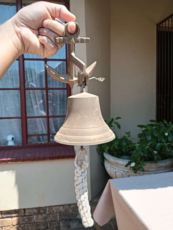 Vintage Solid Brass Nautical Themed Bell with Ships Anchor Shaped Bracket  Clapper in Tact