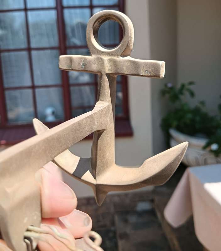 Vintage Solid Brass Nautical Themed Bell with Ships Anchor Shaped Bracket  Clapper in Tact