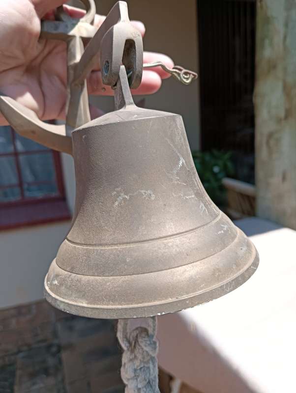 Vintage Solid Brass Nautical Themed Bell with Ships Anchor Shaped Bracket  Clapper in Tact