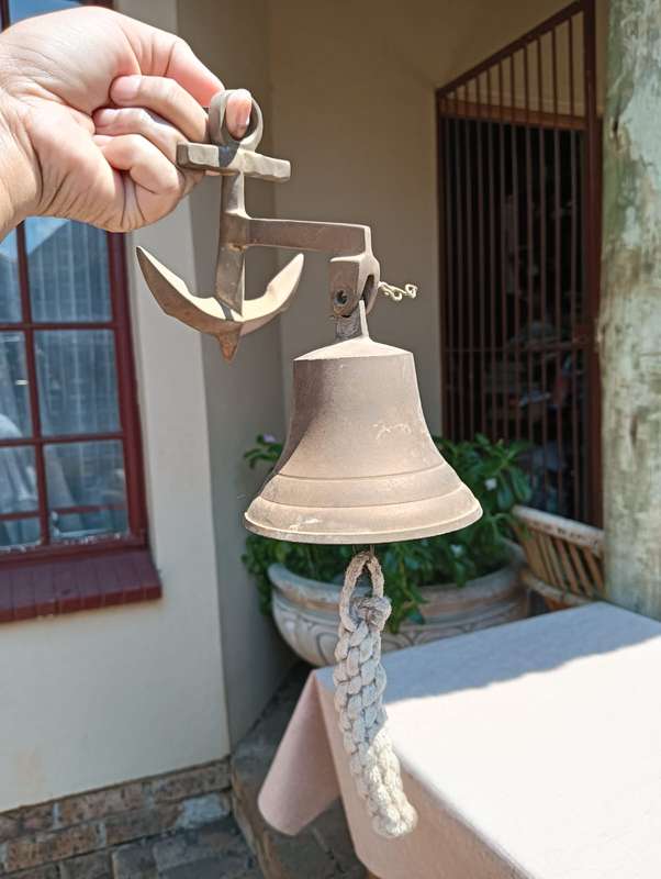 Vintage Solid Brass Nautical Themed Bell with Ships Anchor Shaped Bracket  Clapper in Tact