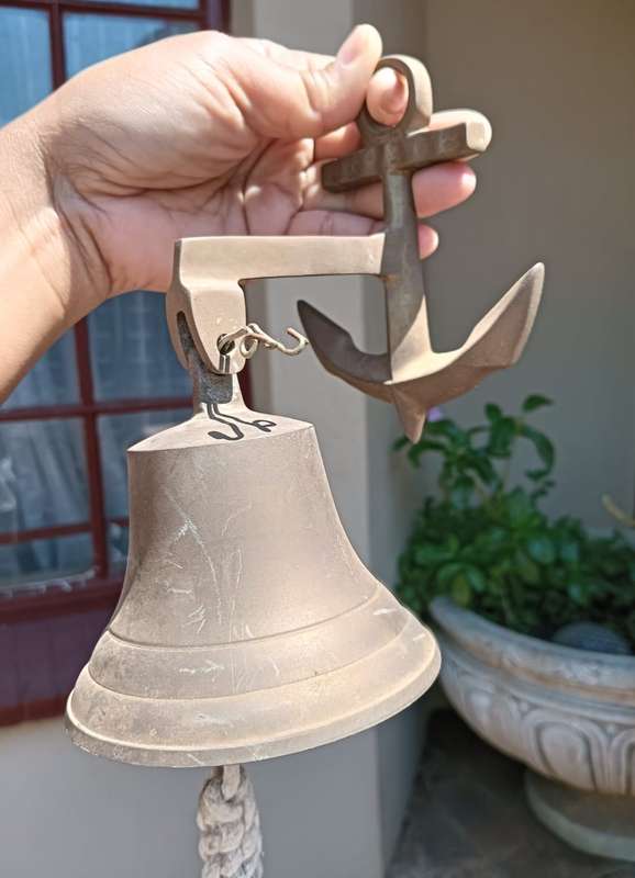 Vintage Solid Brass Nautical Themed Bell with Ships Anchor Shaped Bracket  Clapper in Tact