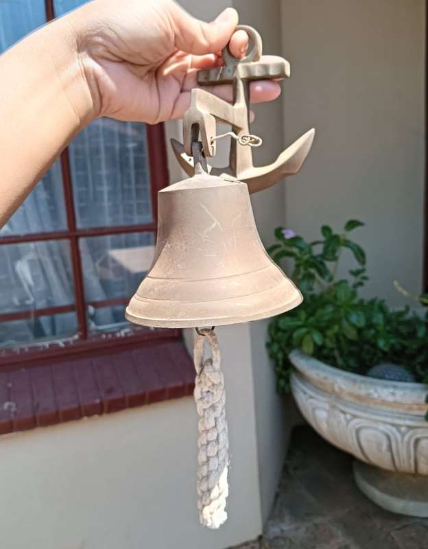 Vintage Solid Brass Nautical Themed Bell with Ships Anchor Shaped Bracket  Clapper in Tact