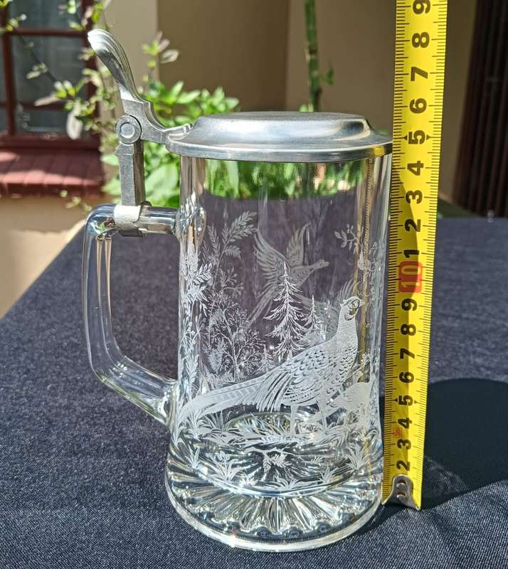 German Pheasant Etched Glass Beer Stein with Pewter Lid Vintage 1980s