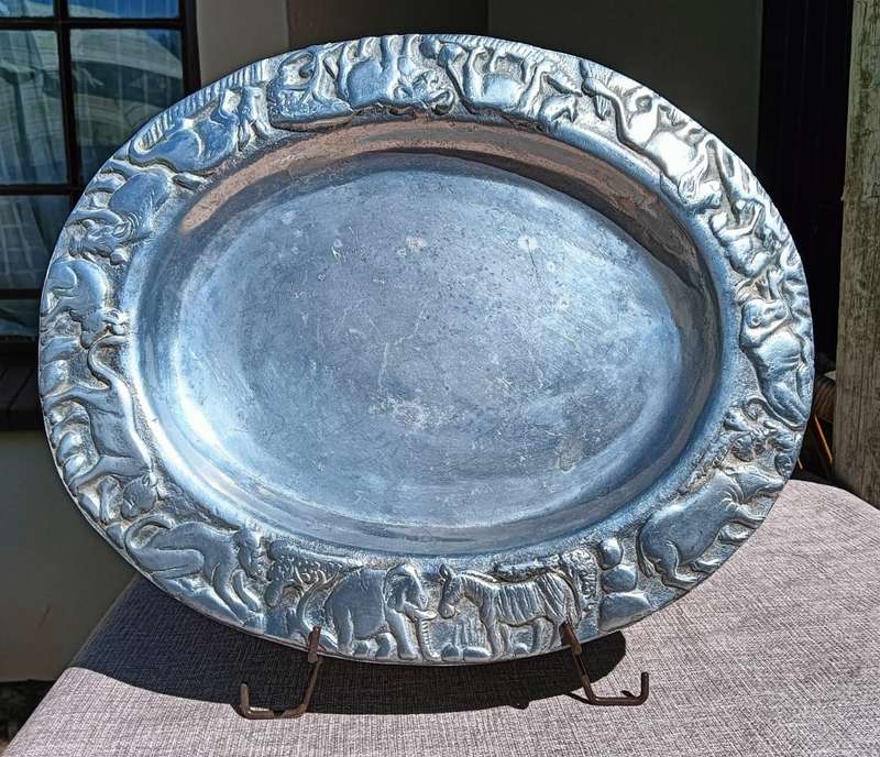 Wonderful Aluminium / Pewter Oval Tray with Animal Relief Design Rim