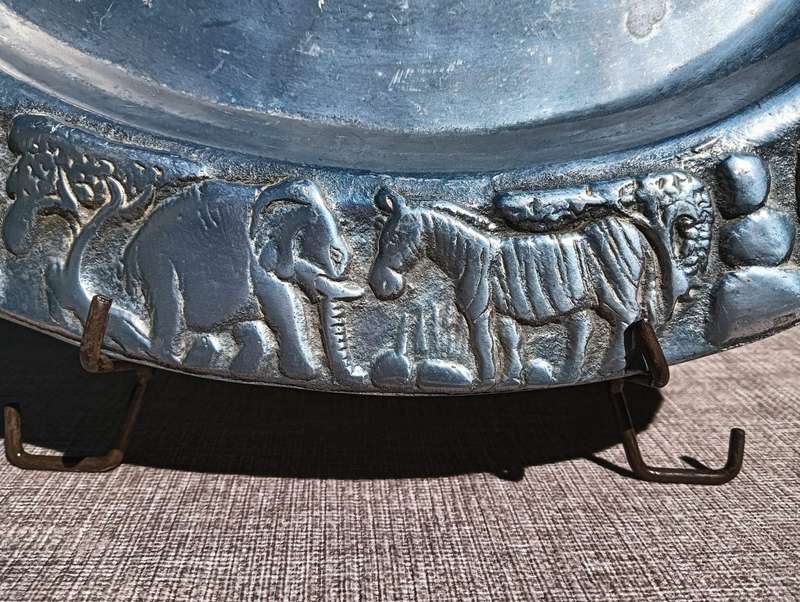 Wonderful Aluminium / Pewter Oval Tray with Animal Relief Design Rim