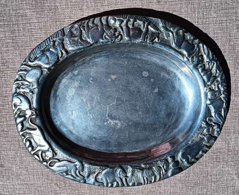 Wonderful Aluminium / Pewter Oval Tray with Animal Relief Design Rim