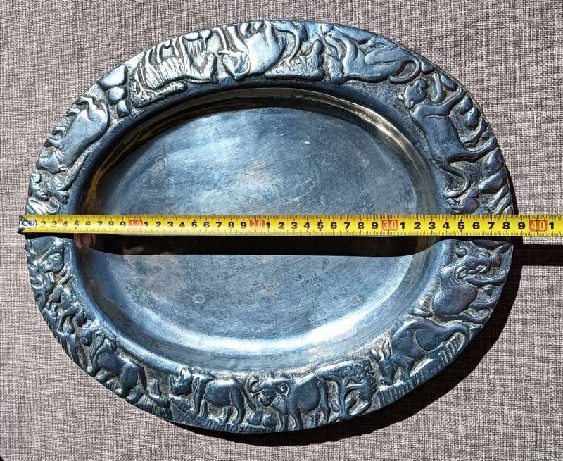 Wonderful Aluminium / Pewter Oval Tray with Animal Relief Design Rim